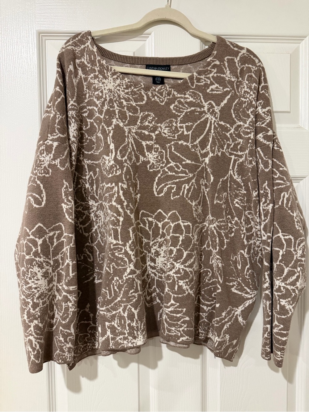 Cynthia Rowley Taupe and White Floral Crewneck Sweater
